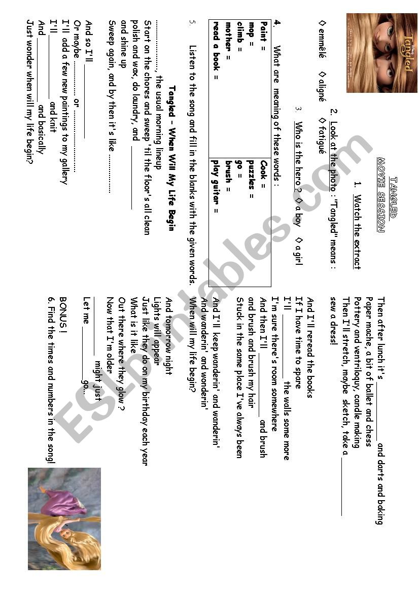 Tangled Chores Song worksheet