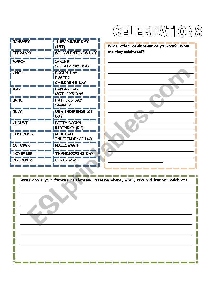 Celebrations worksheet