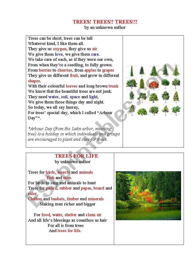TREES FOR LIFE (2 poems and a table to fill in)