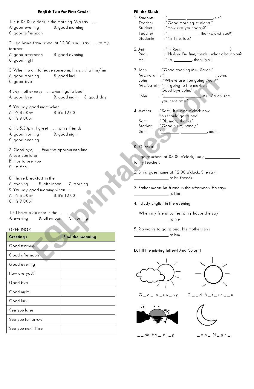 English 1st Grade test worksheet
