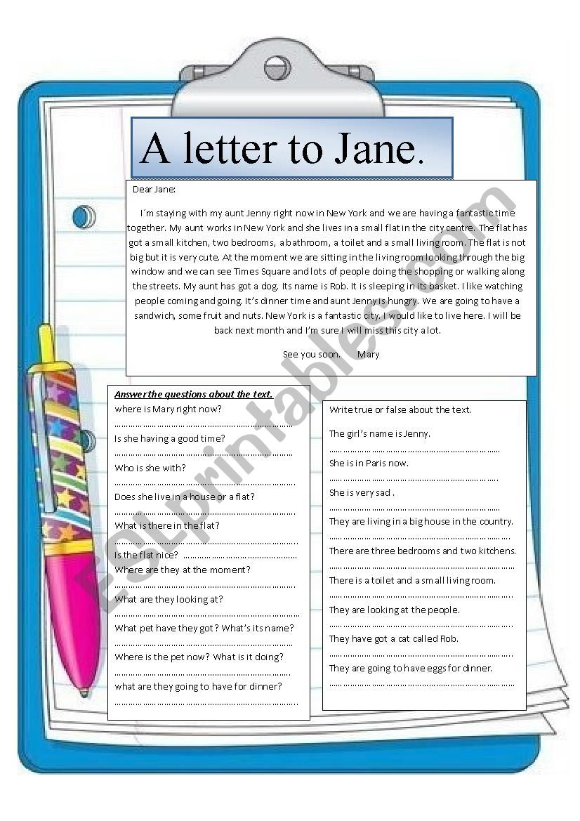 Reading comprehension. A letter to Jane.