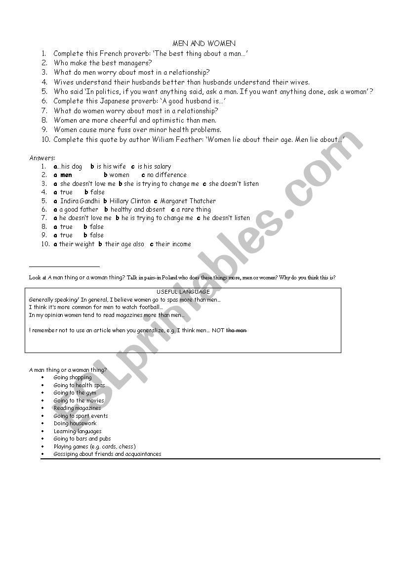 battle of sexes speaking worksheet