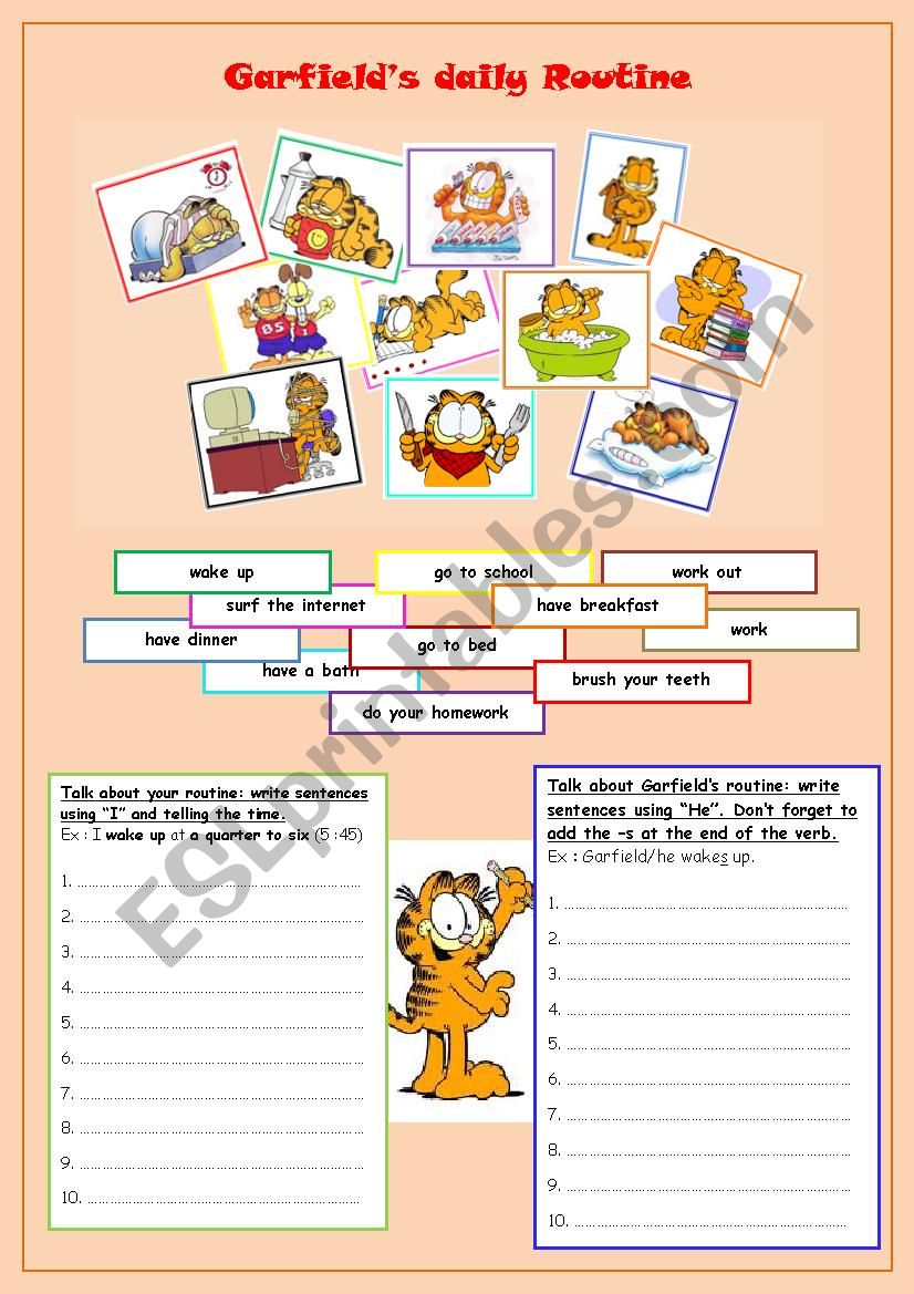 GarfieldÂ´s Daily Routine worksheet