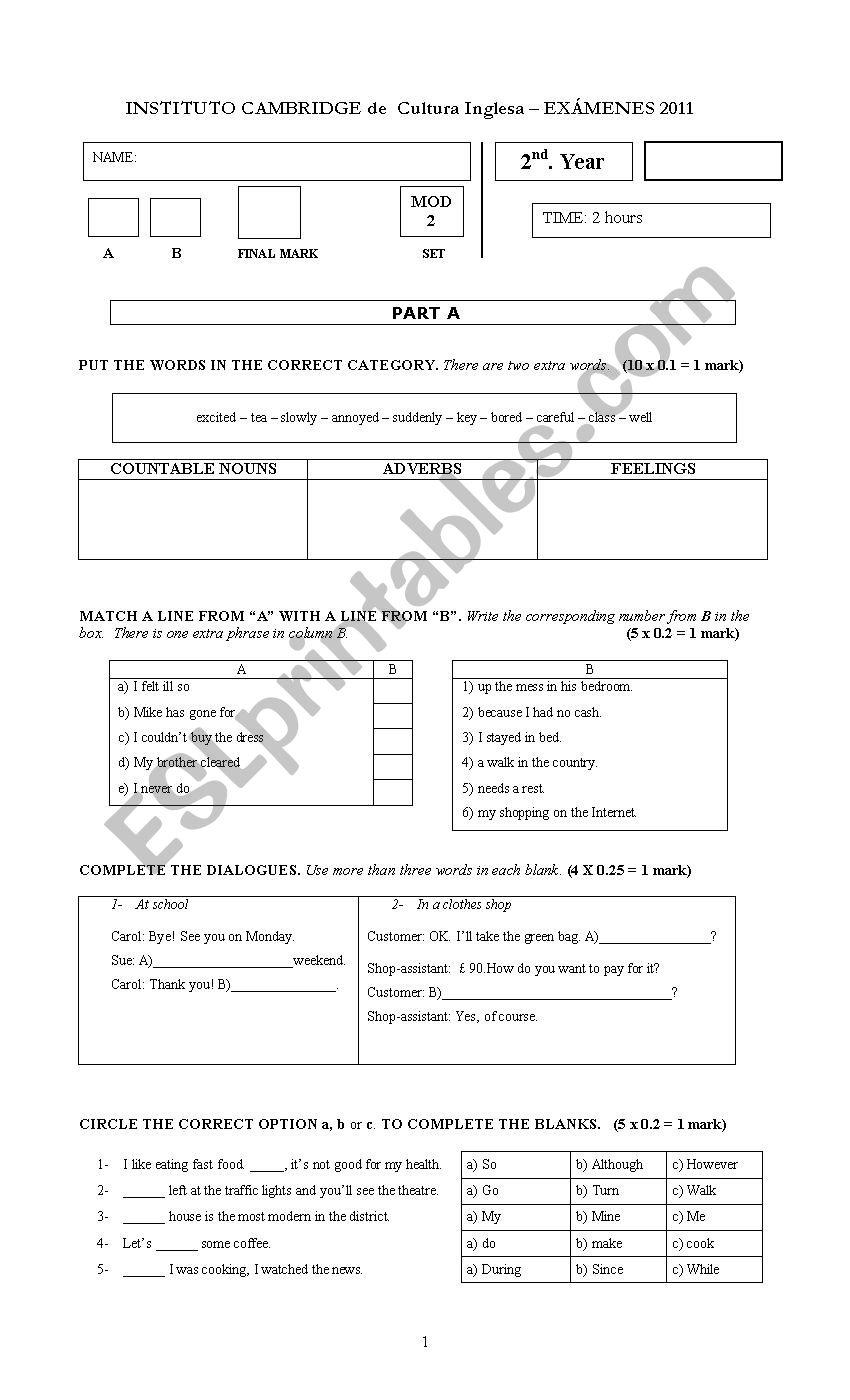 2nd year academy intermediate level test