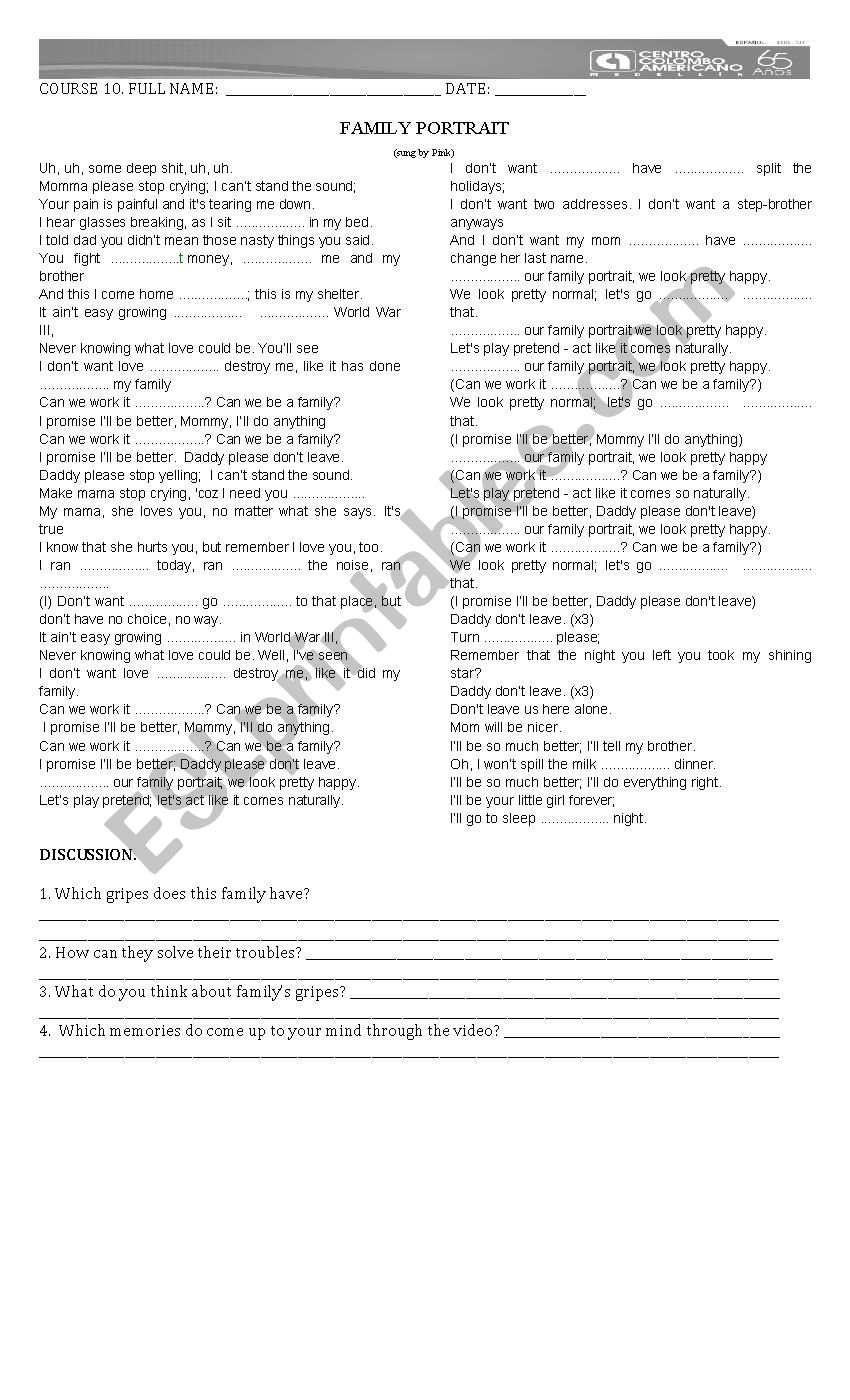 Family portrait-sung by Pink worksheet
