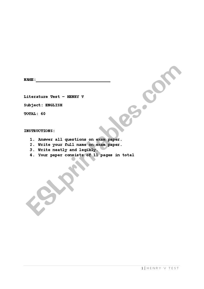 Henry V Test worksheet