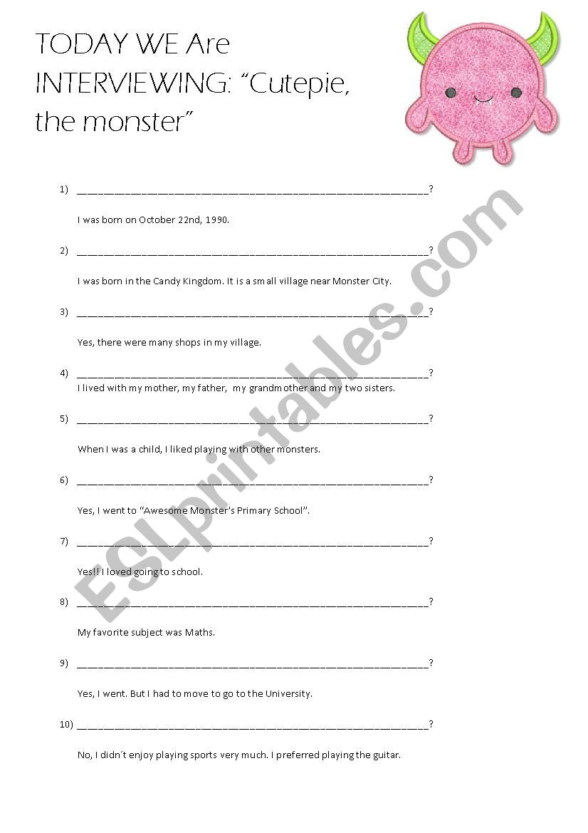 Interviewing a mosnter worksheet