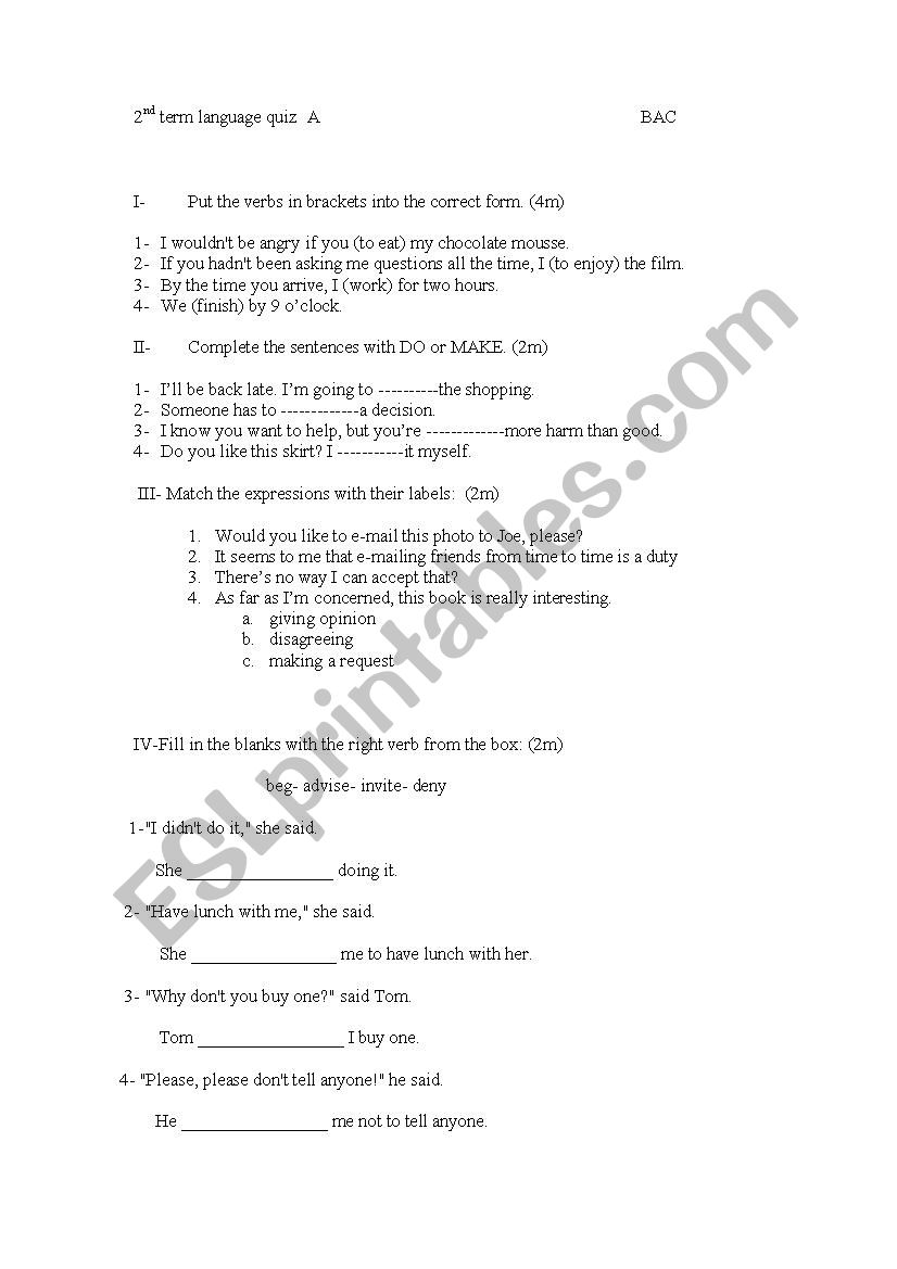 second year language quiz bac worksheet