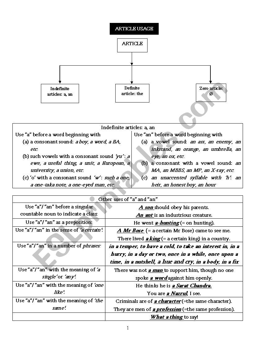 Use of Articles worksheet