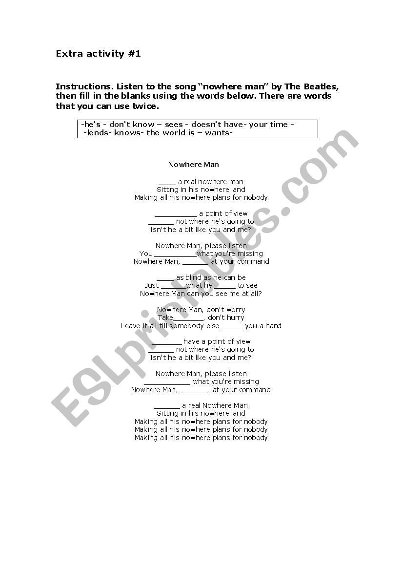 nowhere man listening act. worksheet