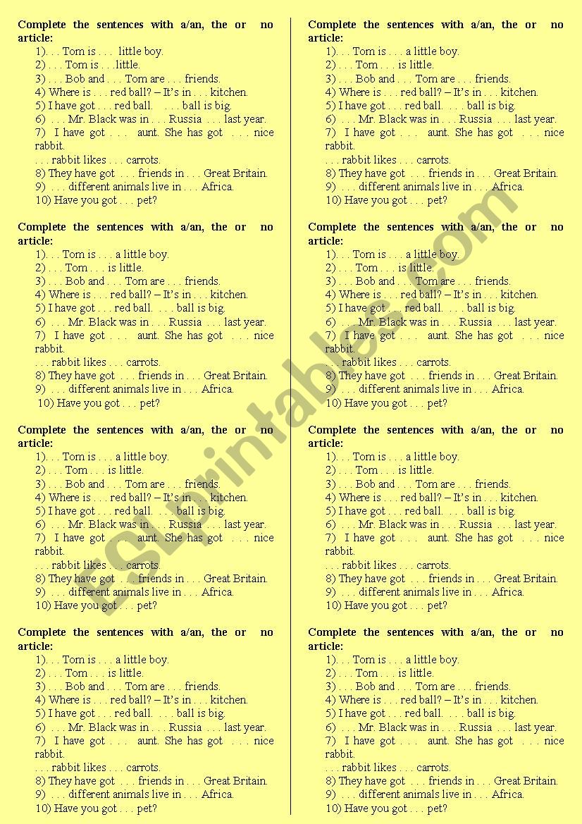 A/an, the or  no article worksheet