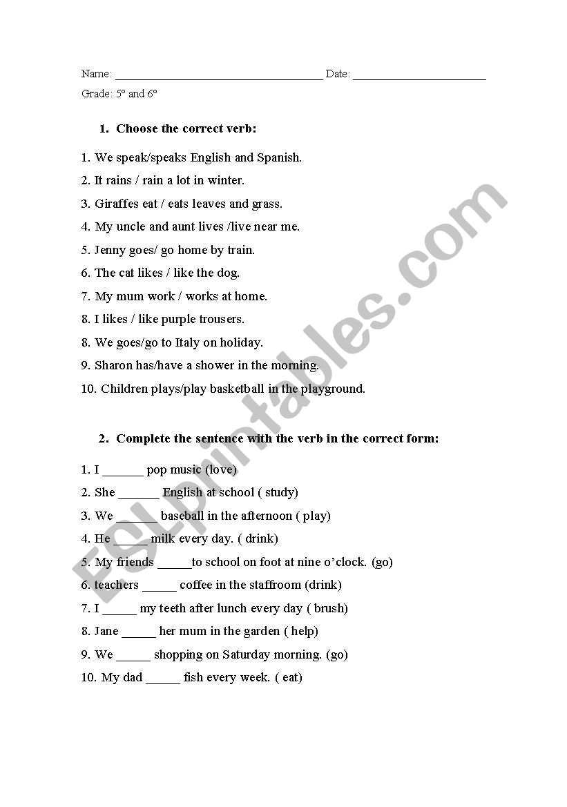 Third person worksheet