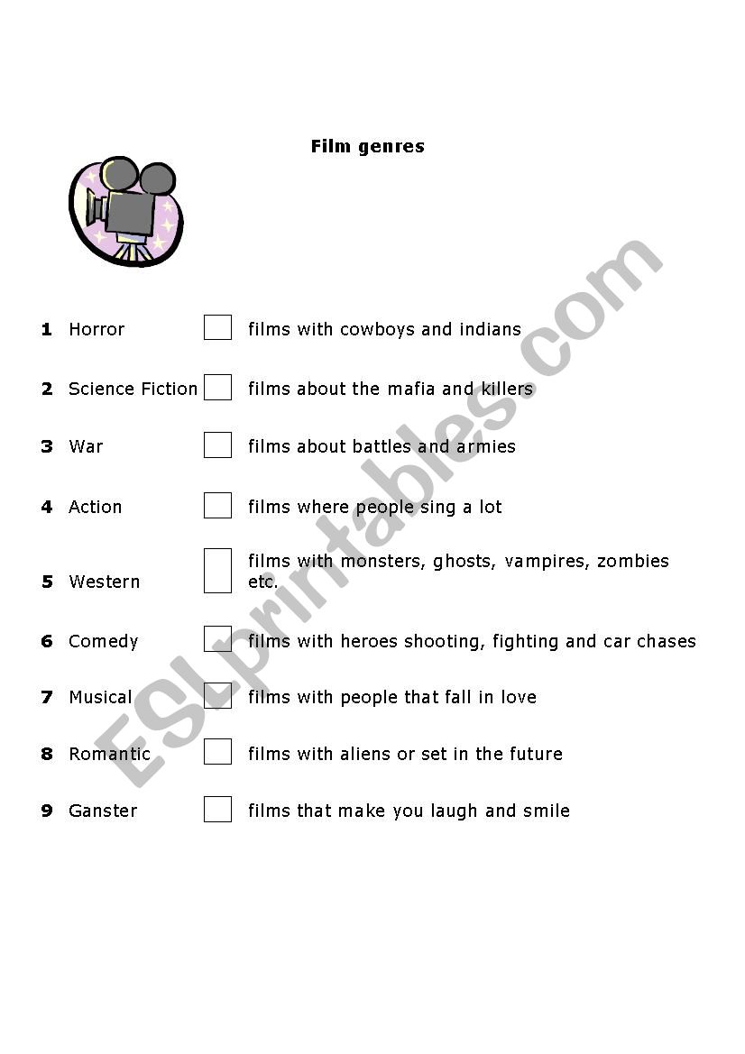 Film genre matching worksheet