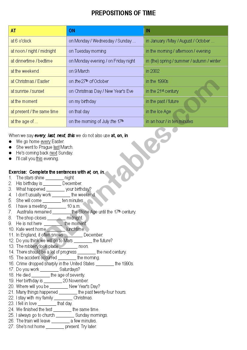 Prepositions of Time: AT, ON, IN