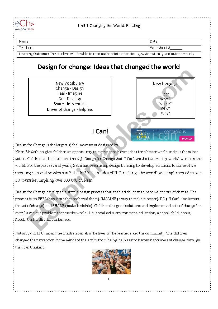 Change the world worksheet