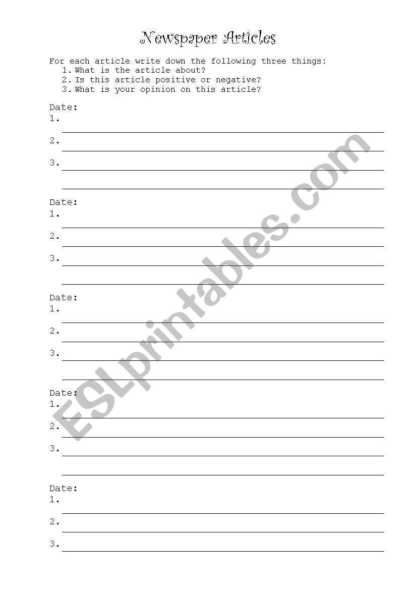 Newspaper articles worksheet