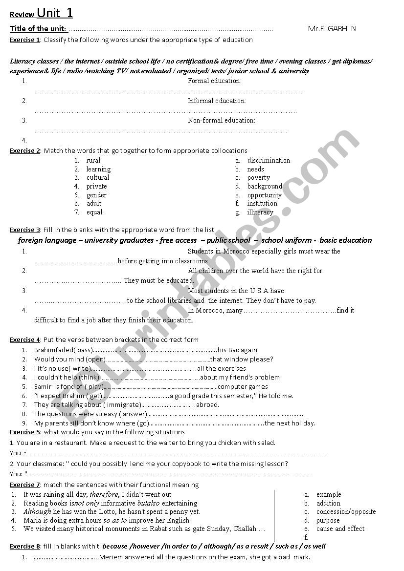 GATEWAY TO ENGLISH UNIT 1 REVIEW 2nd year Bac