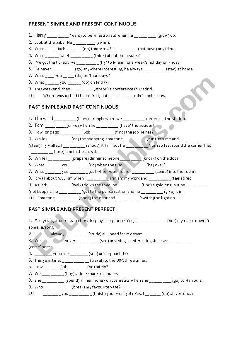 Problem tenses worksheet