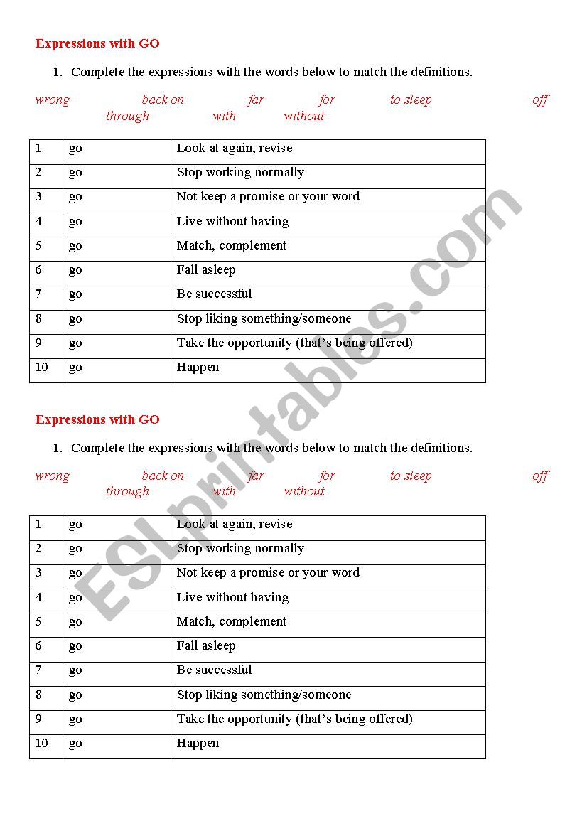 Expressions with verb go worksheet