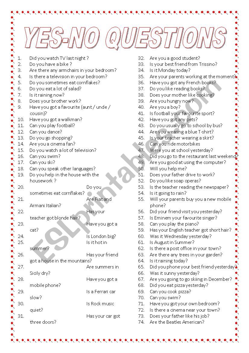 Yes no questions worksheet