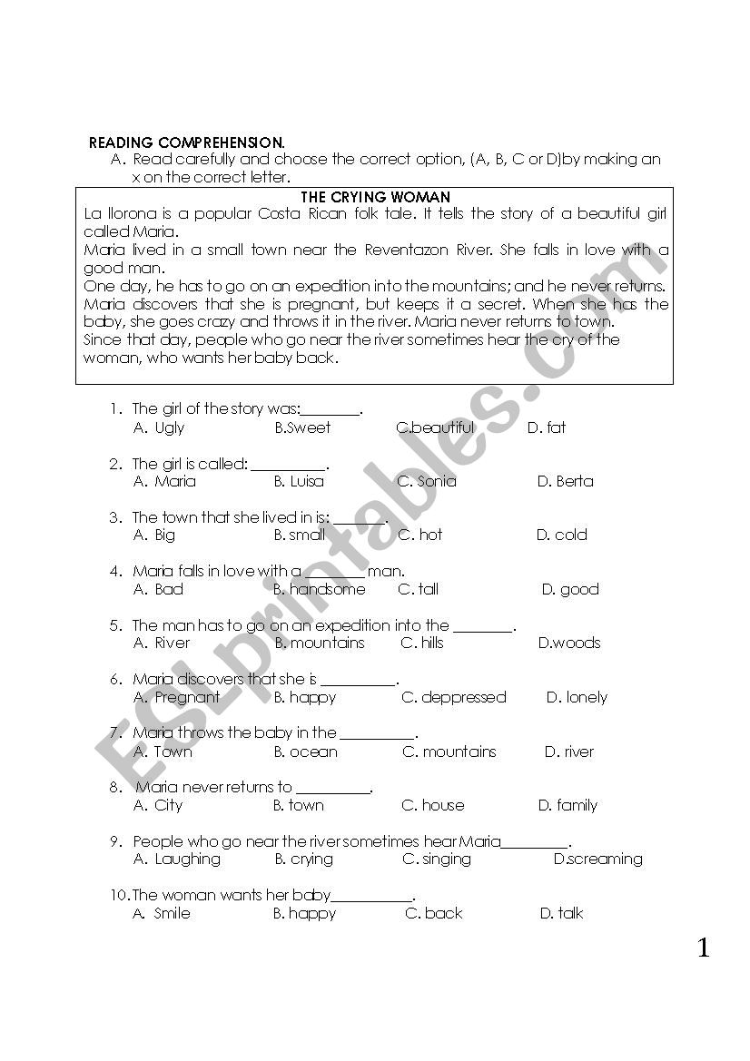 Costa Rican Legend worksheet