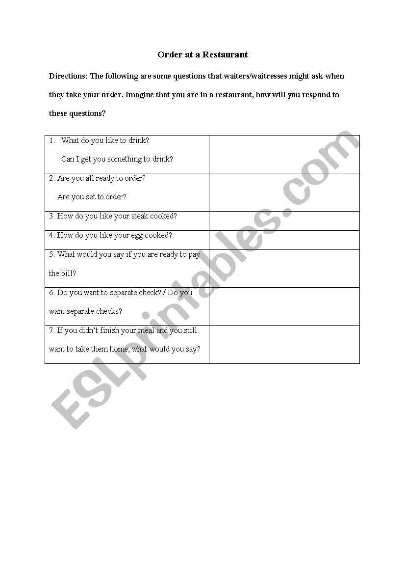 order food  worksheet