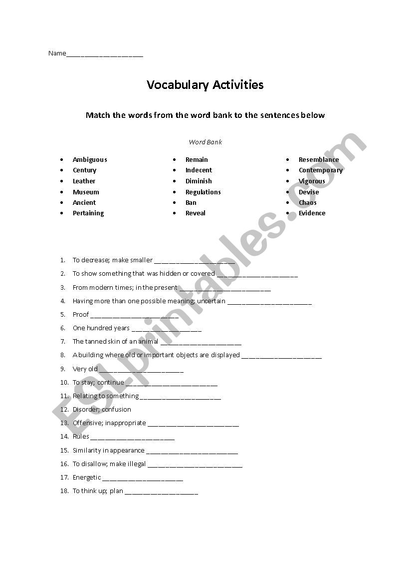 Vocabulary Exercises worksheet