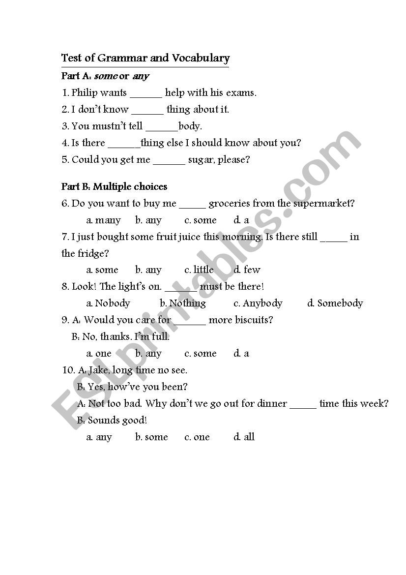 Grammar and Vocabulary worksheet