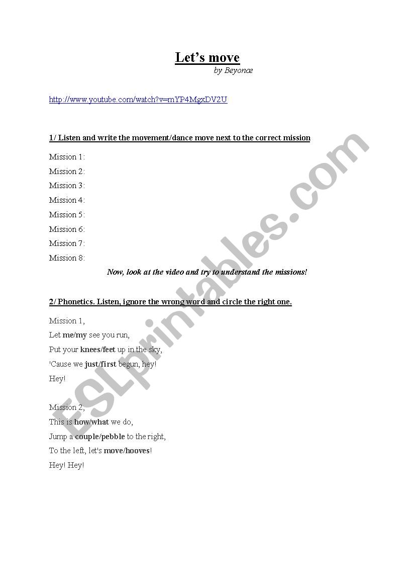 LetÂ´s Move ! By Beyonce.  worksheet