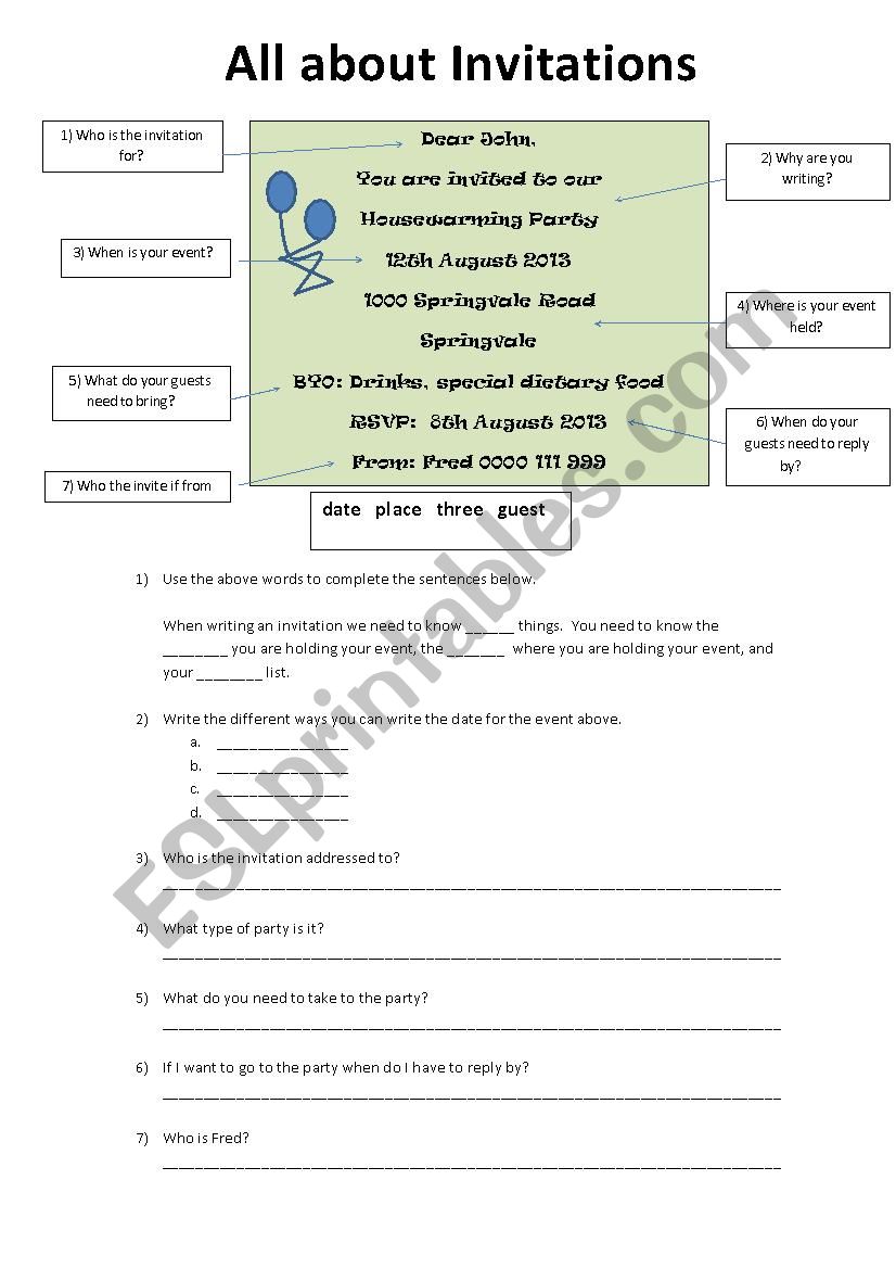 All about invitations worksheet
