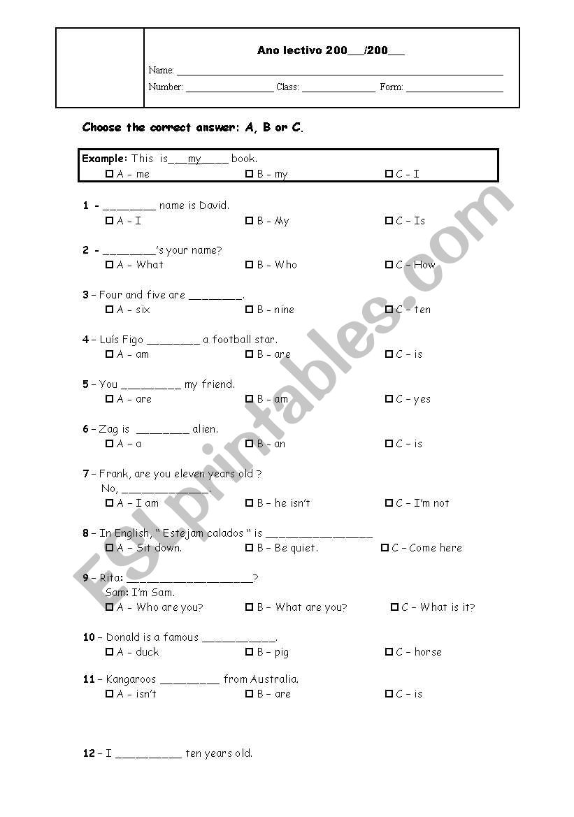 Diagnostic test worksheet
