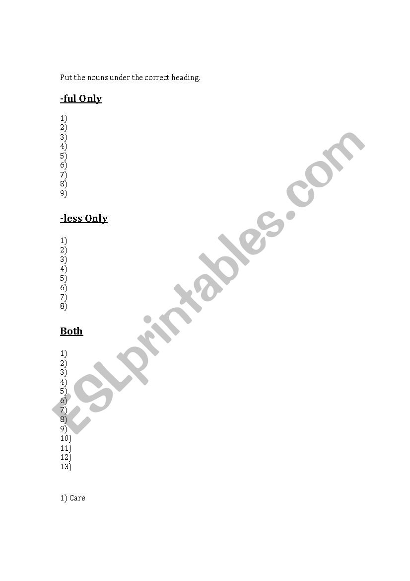 -less -ful endings worksheet worksheet