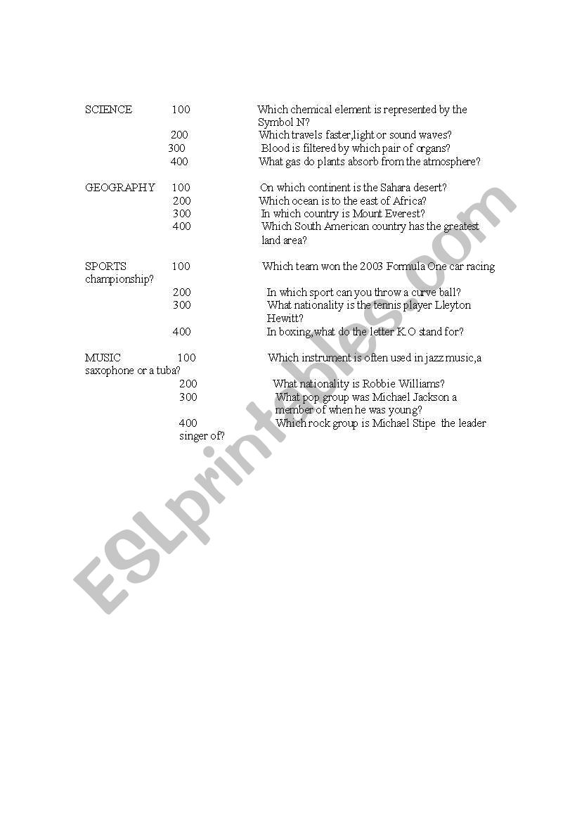 jeopardy game worksheet