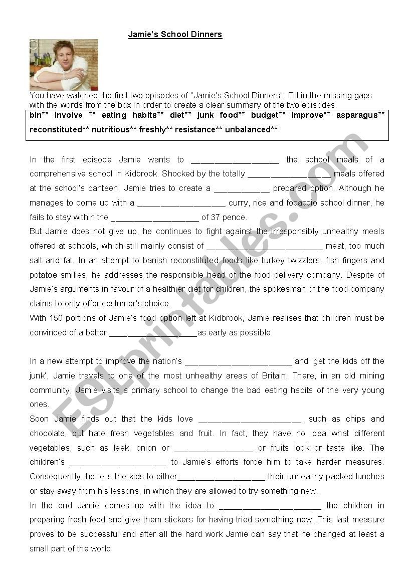 Jamie Olivers School Dinners/gap fill exercise