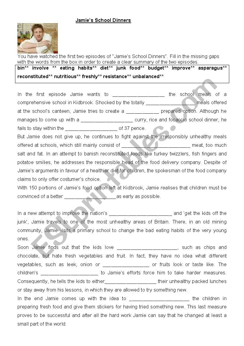 Jamie OliverÂ´s School Dinners/gap fill exercise