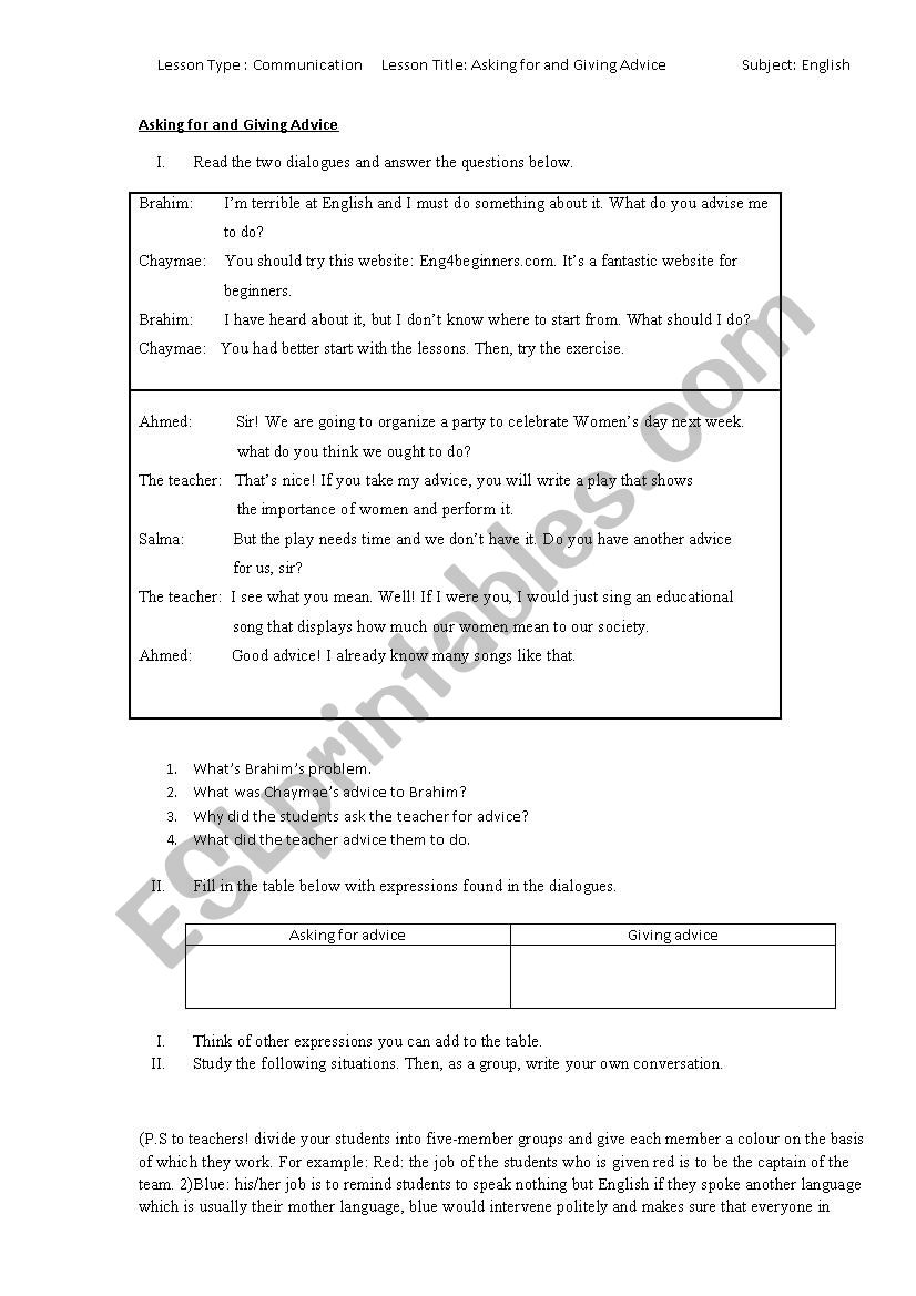 asking for and giving advice worksheet