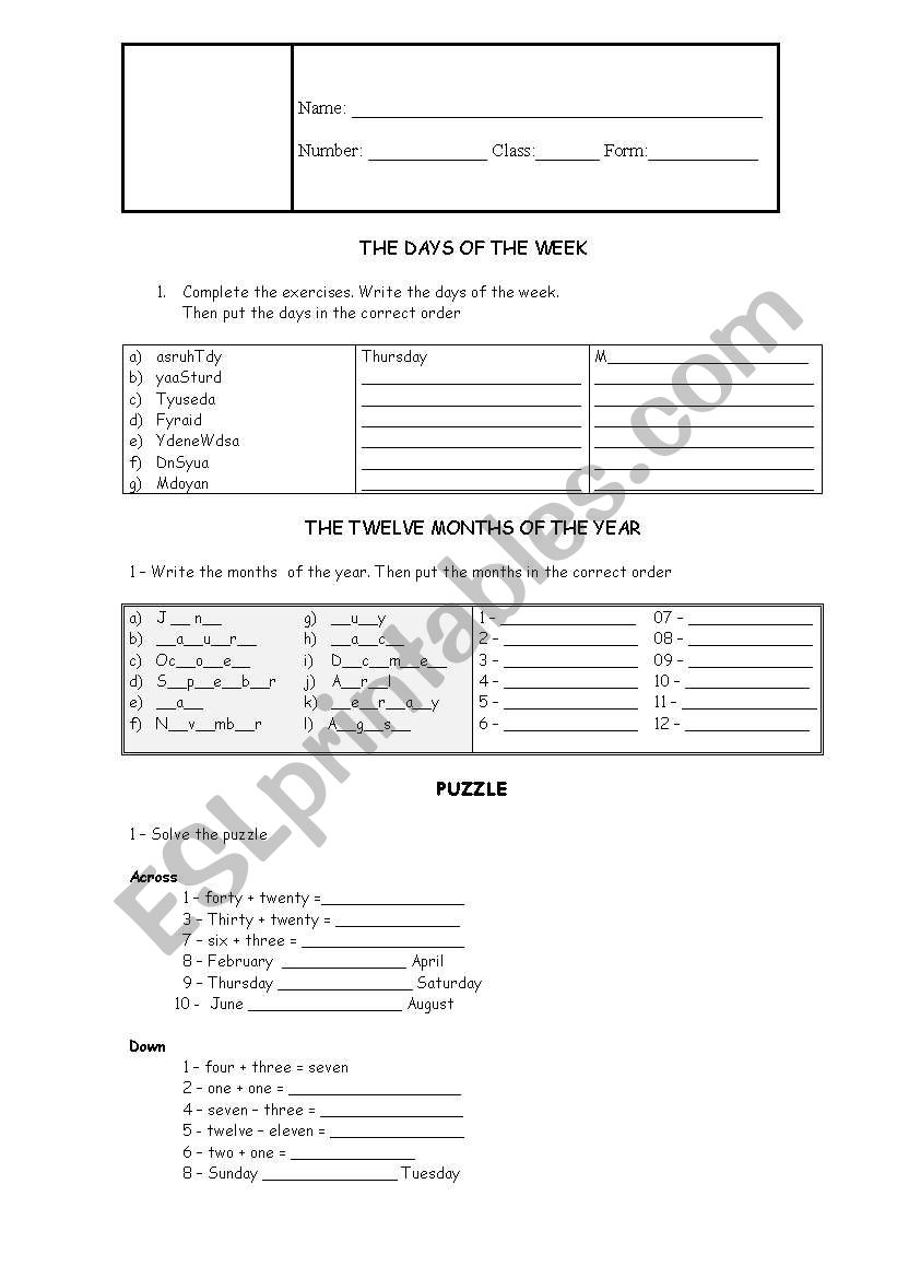 Days and months worksheet