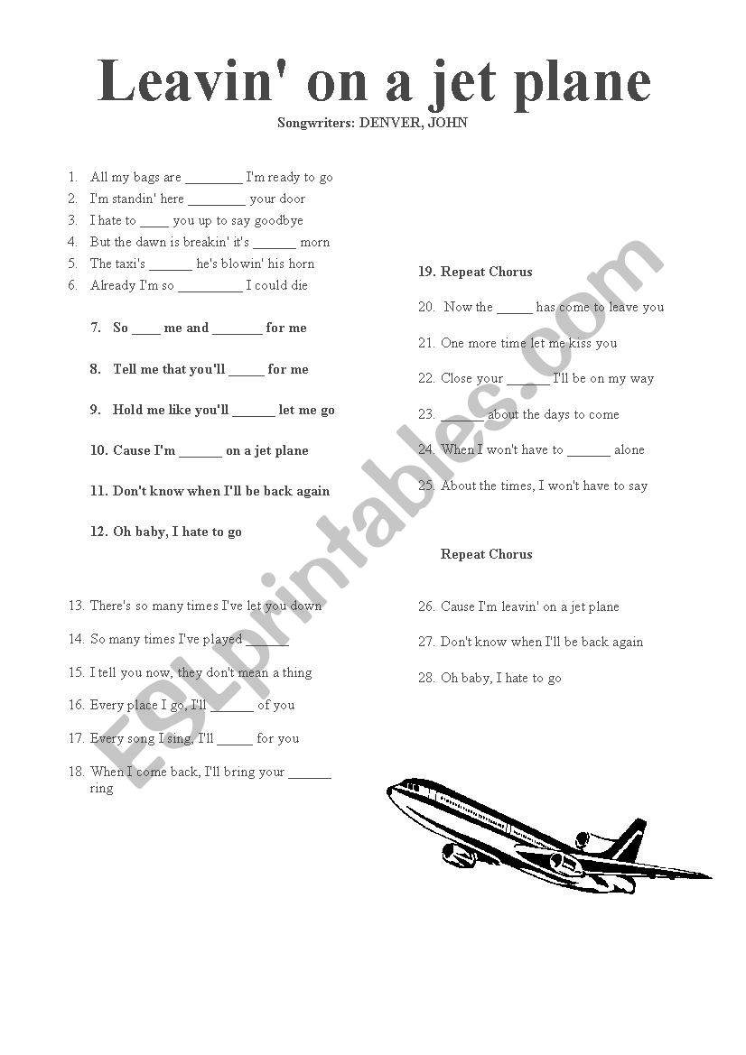 Leaving on a jet plane worksheet