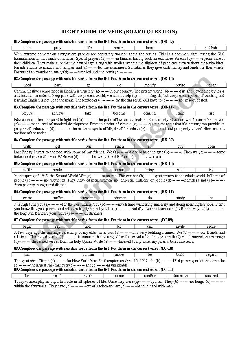 Right form of verb worksheet