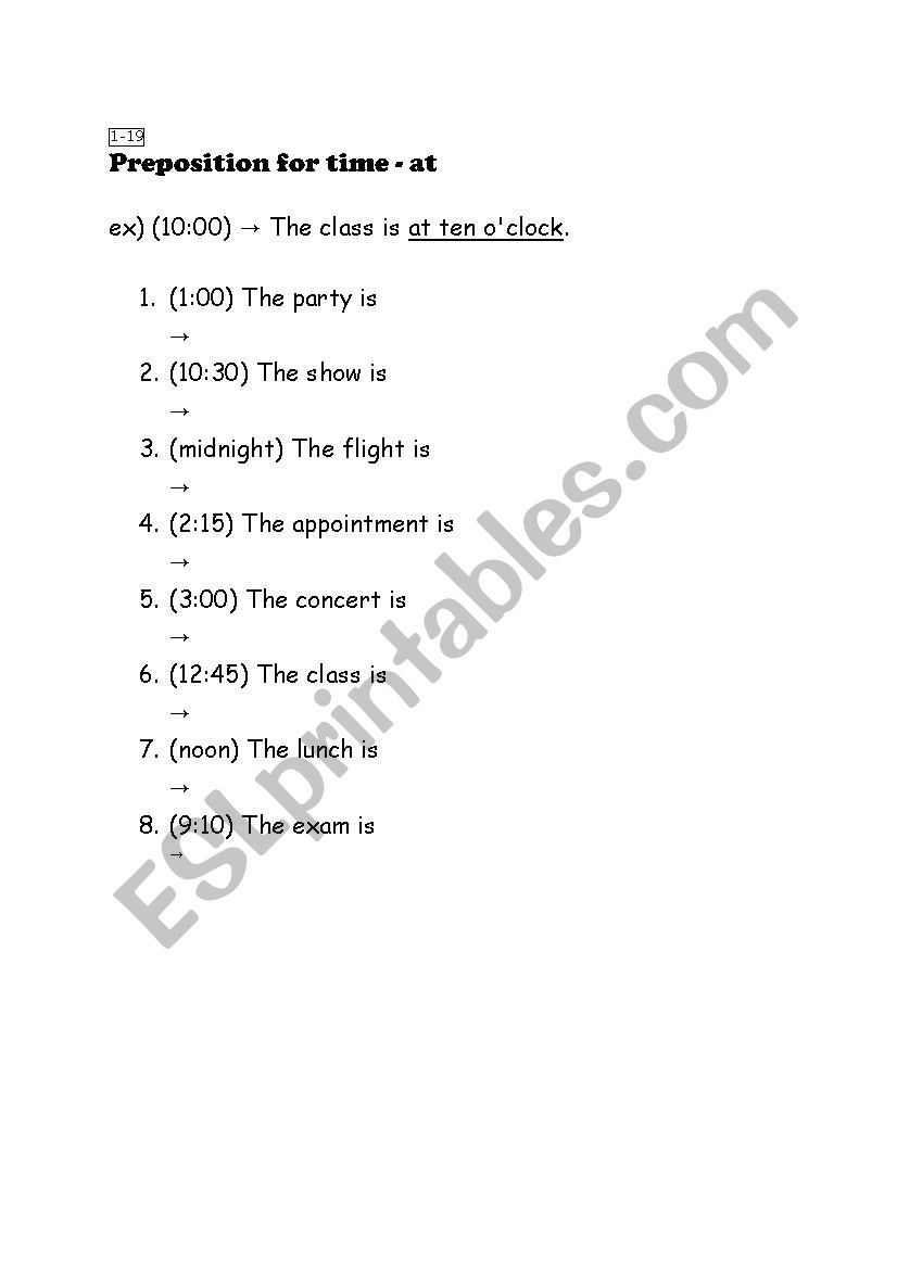 time preposition-at worksheet