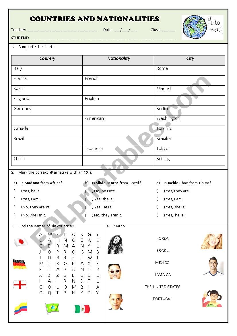 COUNTRIES AND NATIONALITIES worksheet