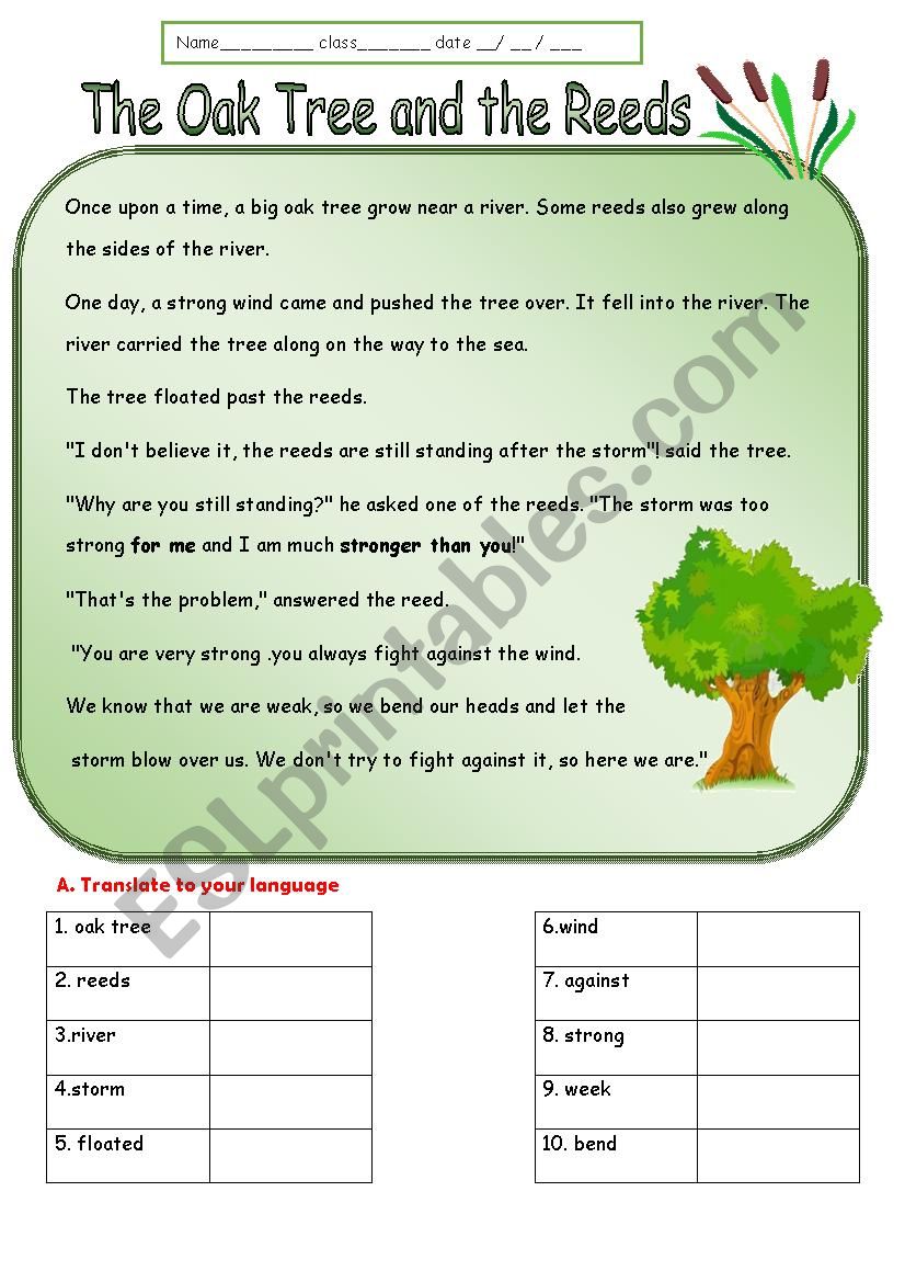 The oak tree and the reeds worksheet