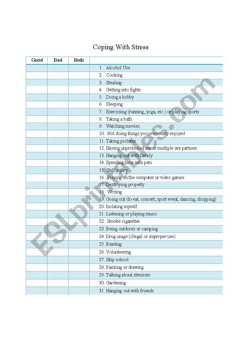 Coping with Stress worksheet