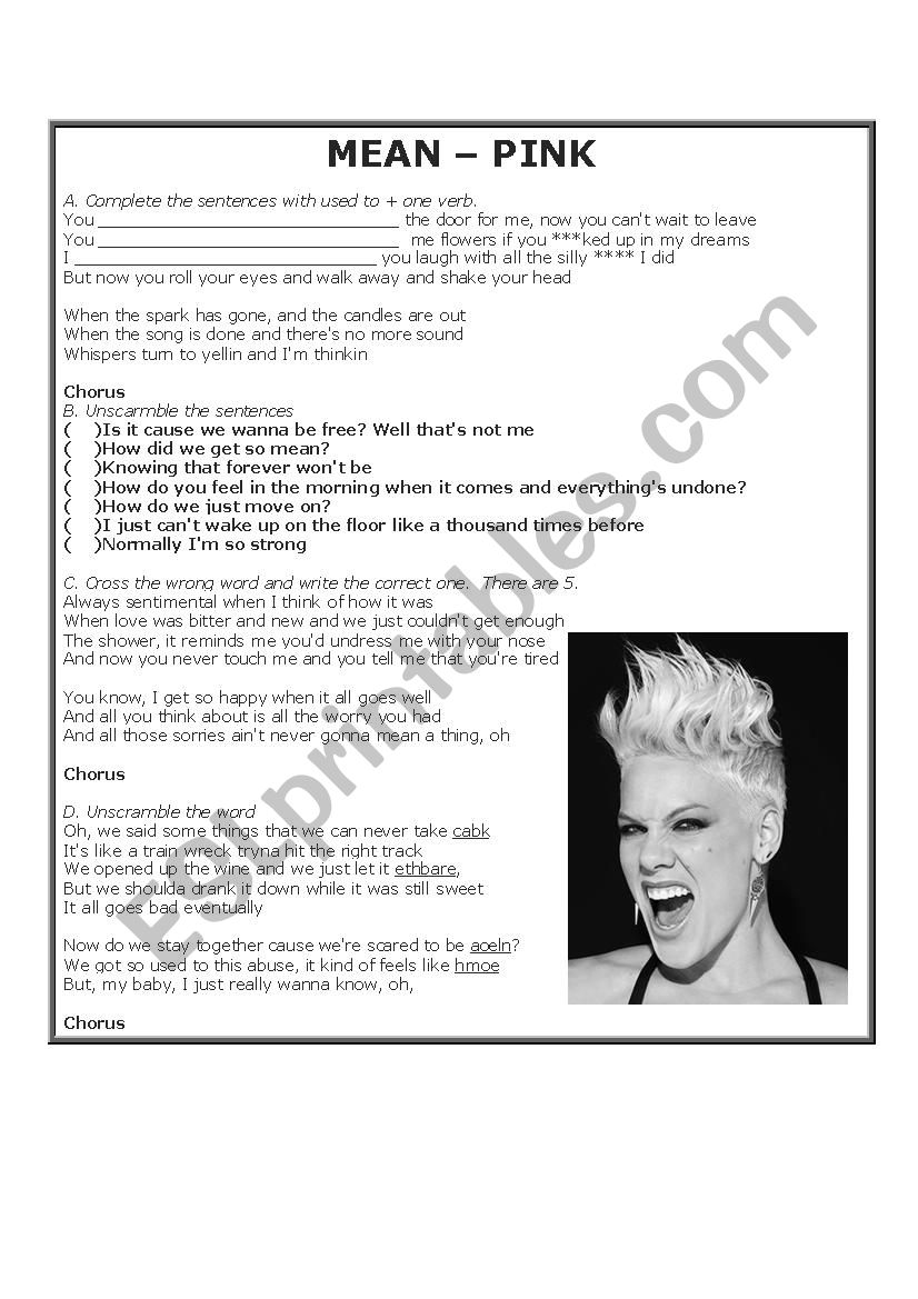 Song MEAN by Pink worksheet