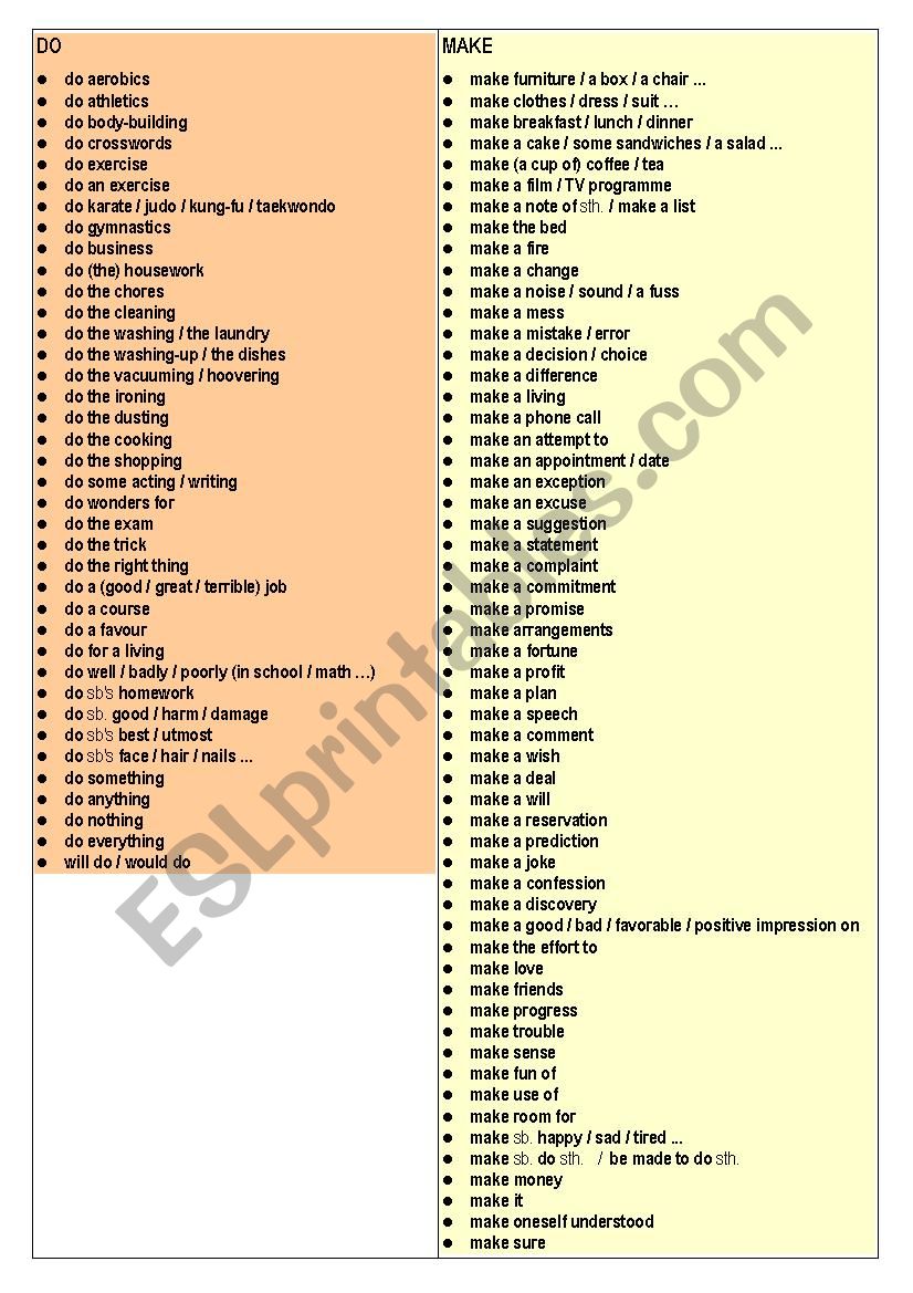 Collocations with MAKE and DO worksheet