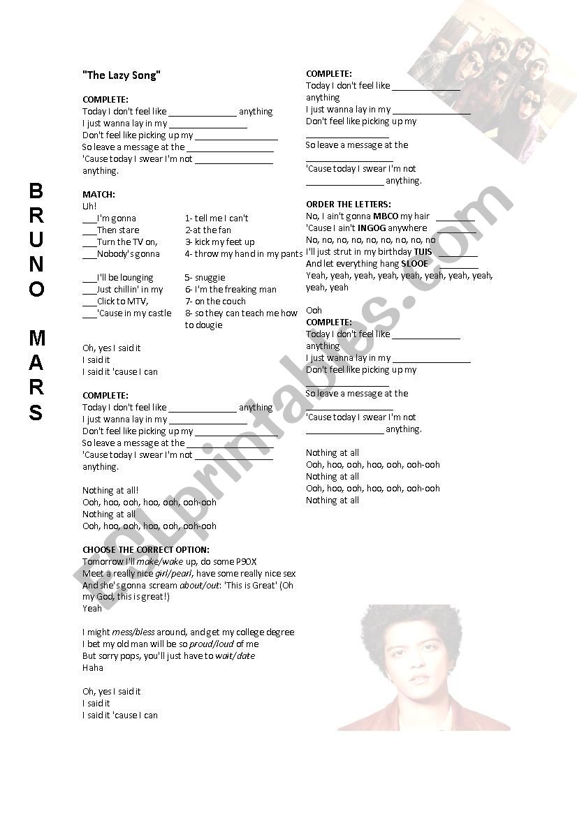 THE LAZY SONG , BRUNO MARS worksheet