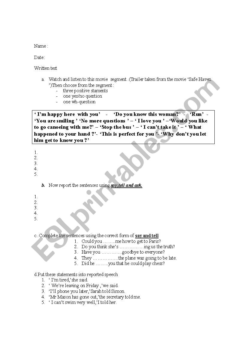 Safe Haven worksheet