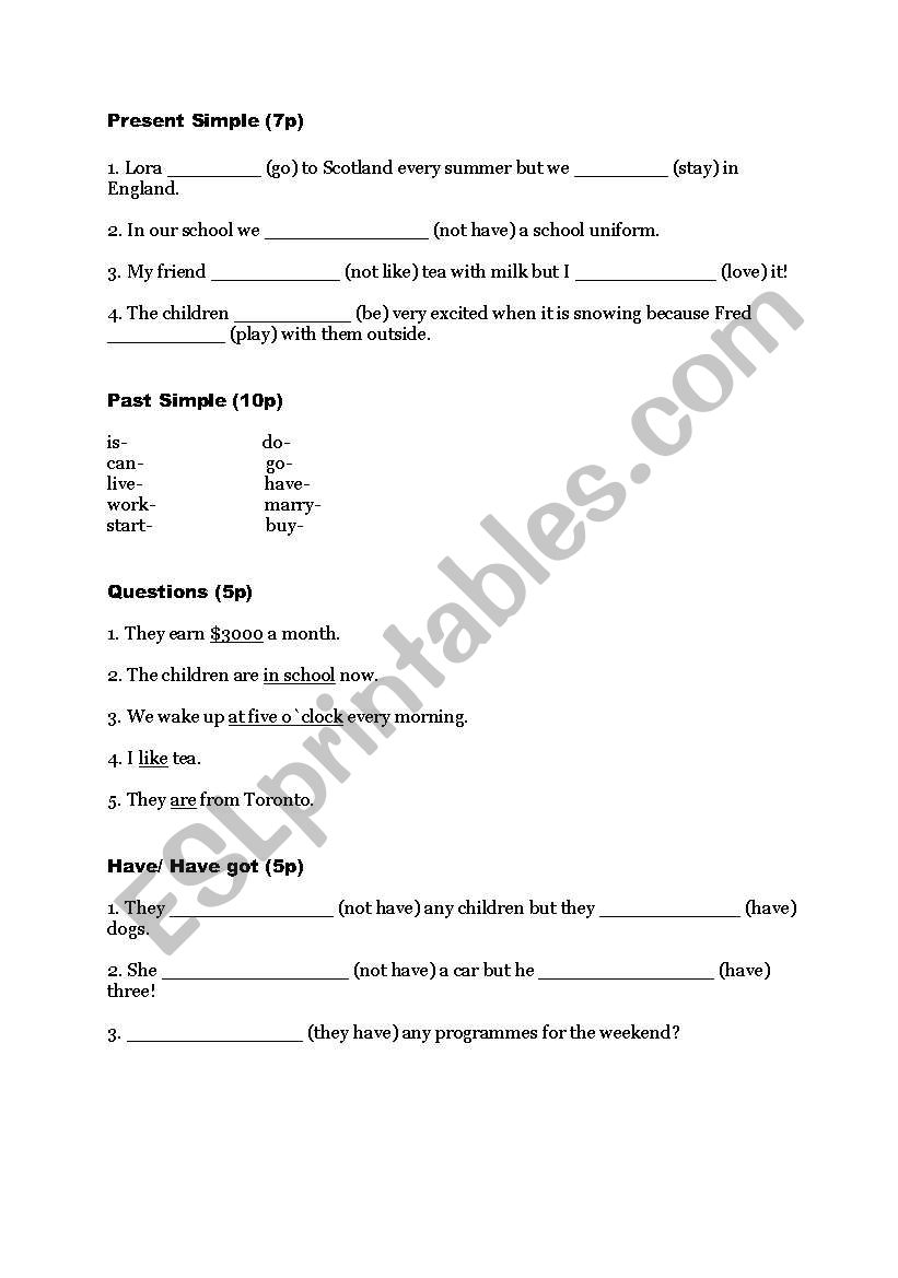 Test on Present and Past tenses, questions, irregulars and  prepositions