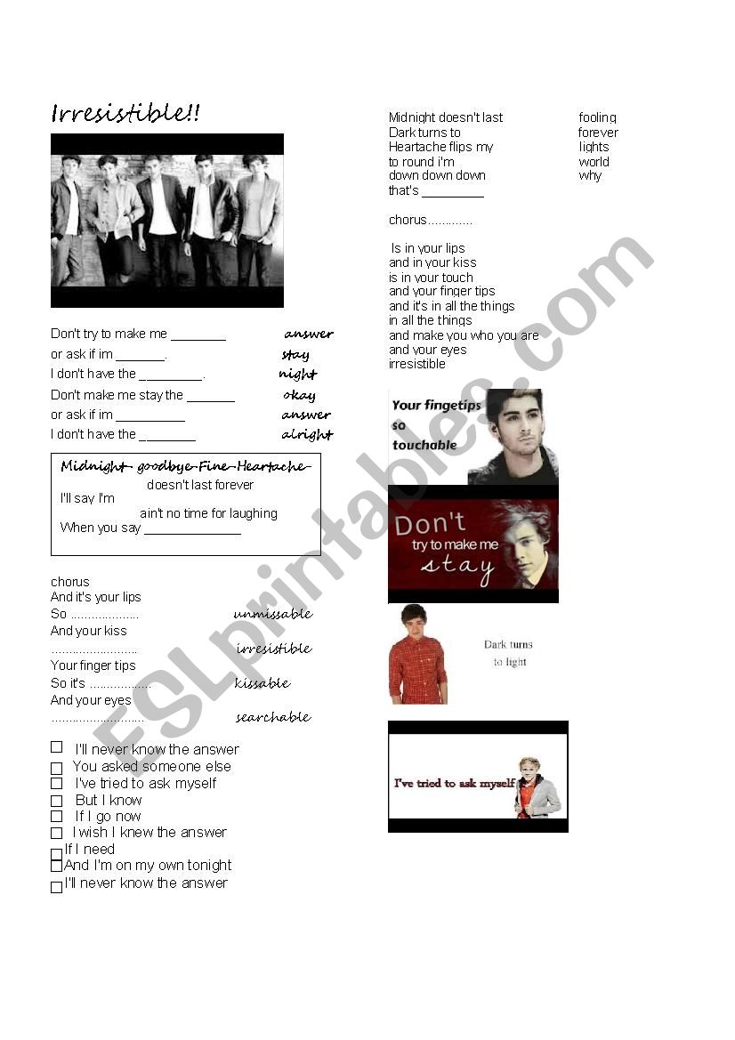 one direction-irresistible worksheet