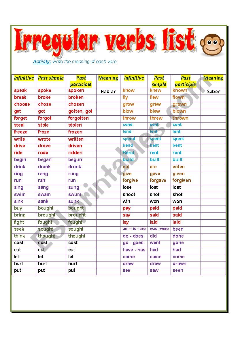 Irregular verbs list worksheet